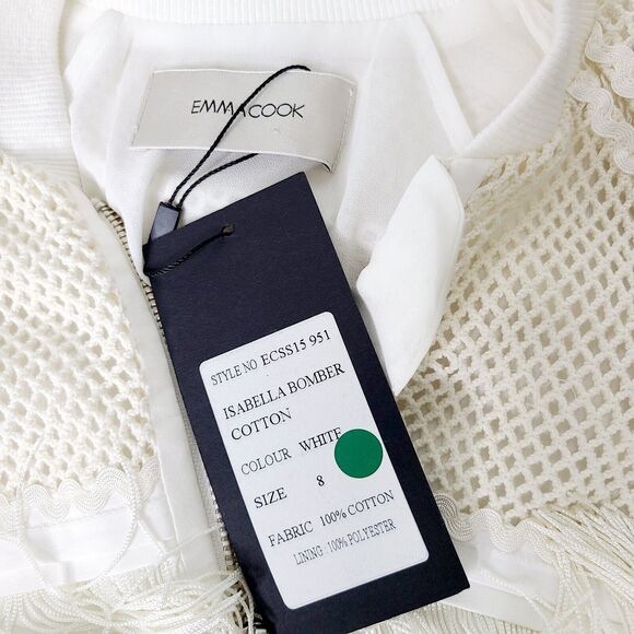 Emma Cook Isabella Cotton Bomber White/Ivory Womens SZ 8 Fringe/Mesh Zip Up NEW - Picture 8 of 11